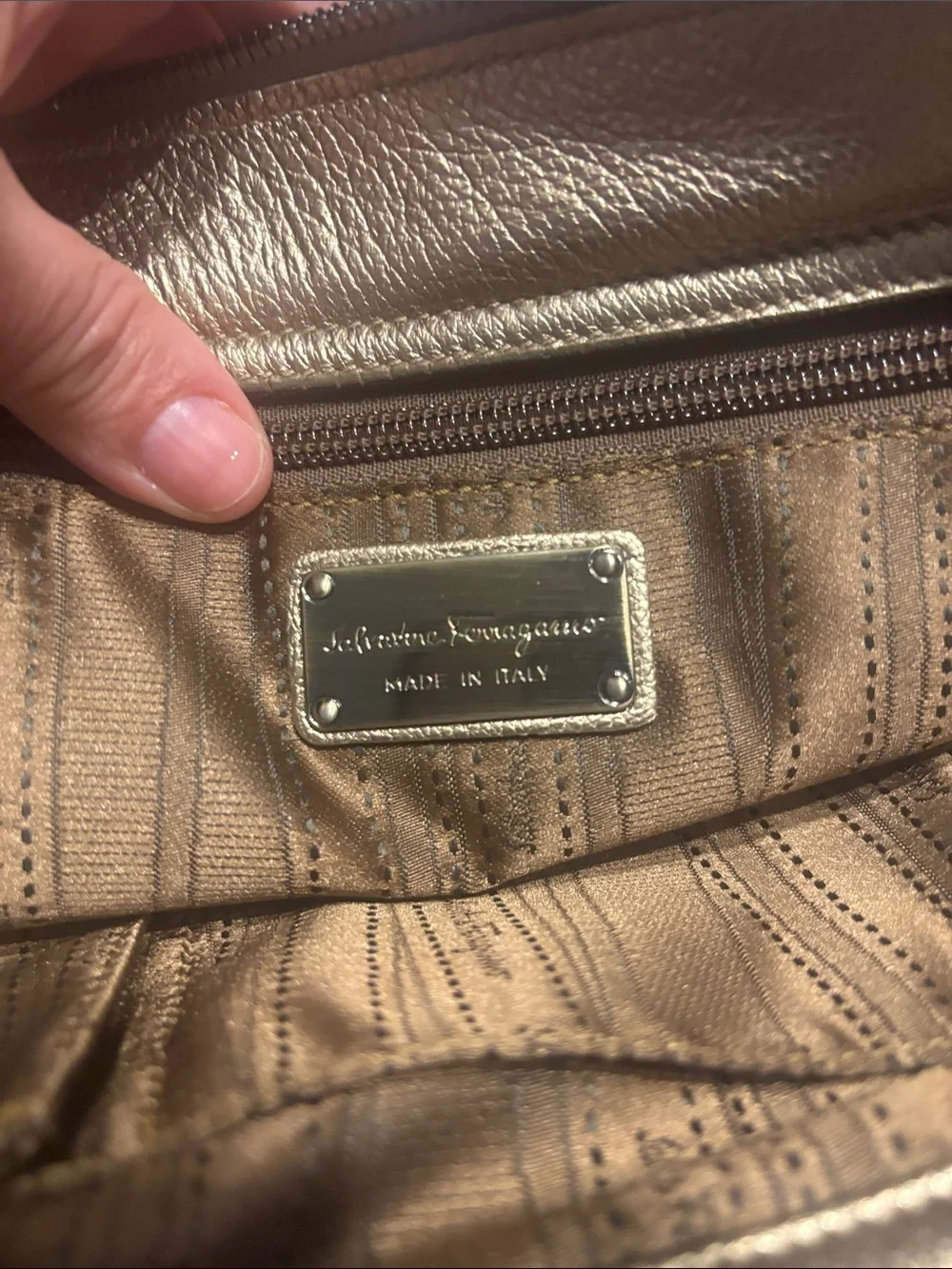 Salvatore Ferragamo Metallic Taupe Leather Shoulder Bag